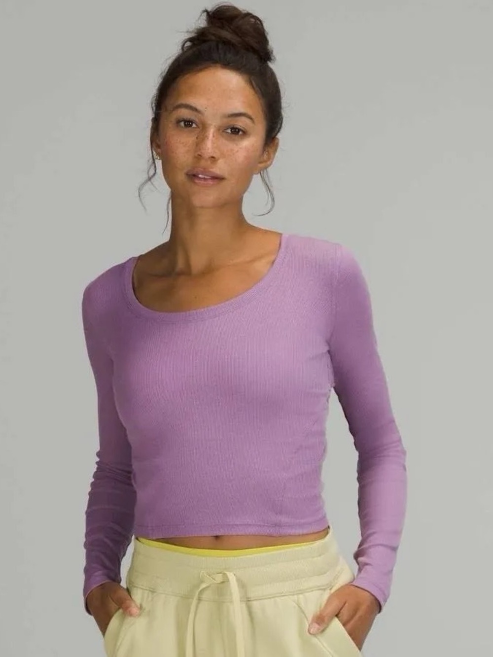 Lululemon Ribbed Knit Open Back Wisteria Purple Cropped Long Sleeve Top - Picture 1 of 7